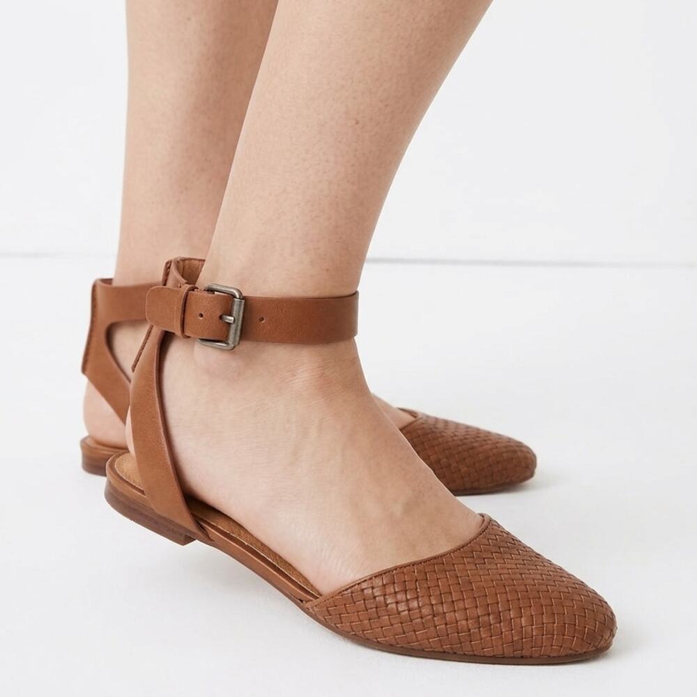 Chic Madewell Tan Woven Leather Ankle Strap Flat Sandals Size 6